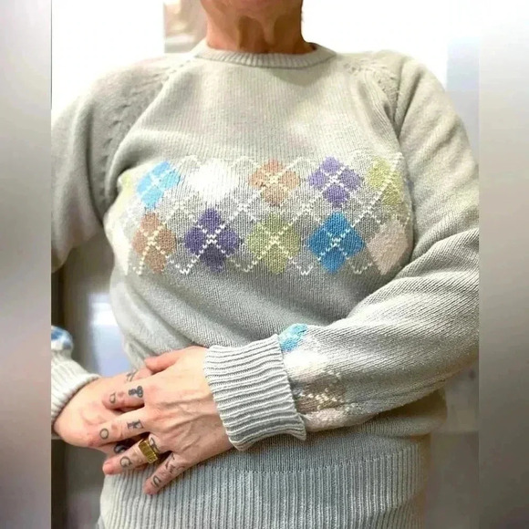 True Vintage Allen Solly cotton gray pastels Argyle Sweater-M - Picture 1 of 10